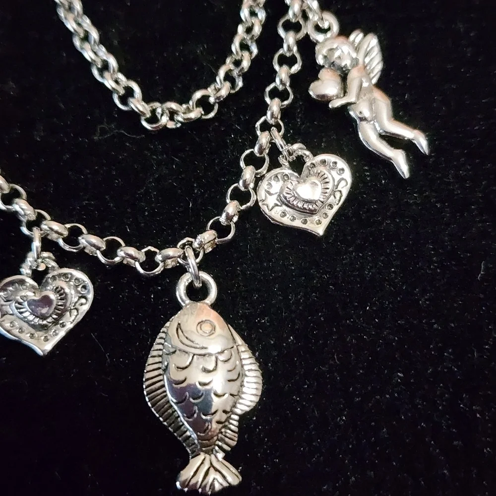 Cookie Lee Silver 3 Strand Layered Angel Heart and Crosses Necklace #25706 NWT
